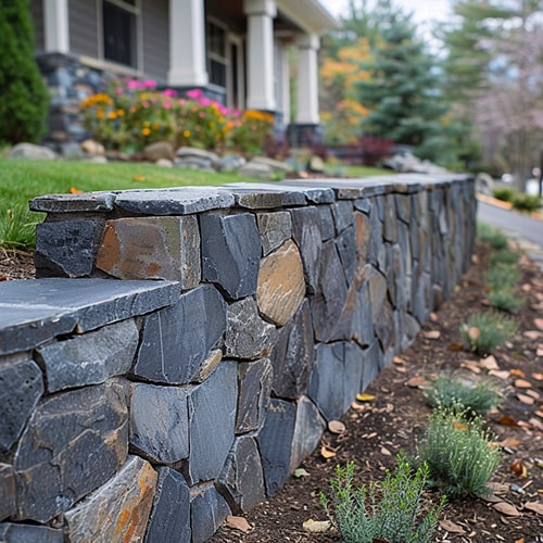 A masonry stone fence near the house.