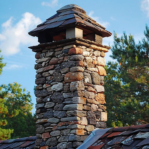 The stone chimney on the roof of a residential home.